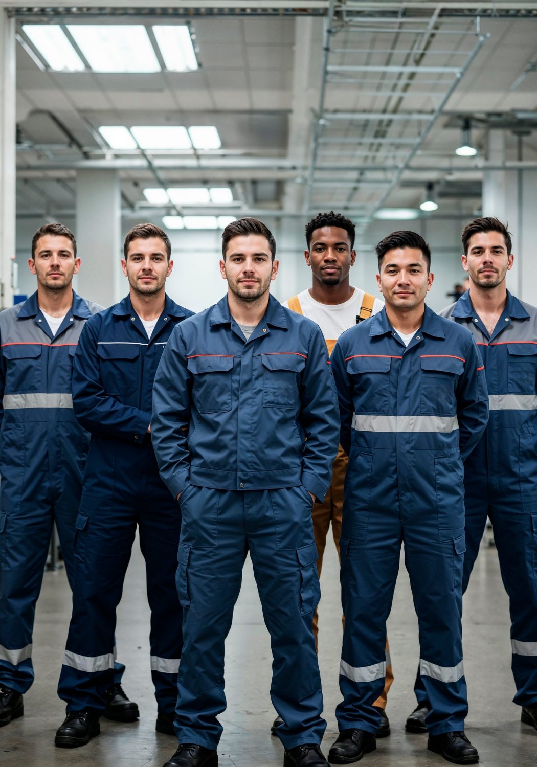Equipo de planta con overoles azul marino y cinta reflectiva